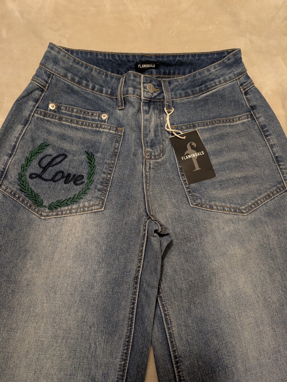 Flamingals Wide Leg Embroidered Love Rose Embroidered Jeans Valentines NWT Small - Picture 8 of 13